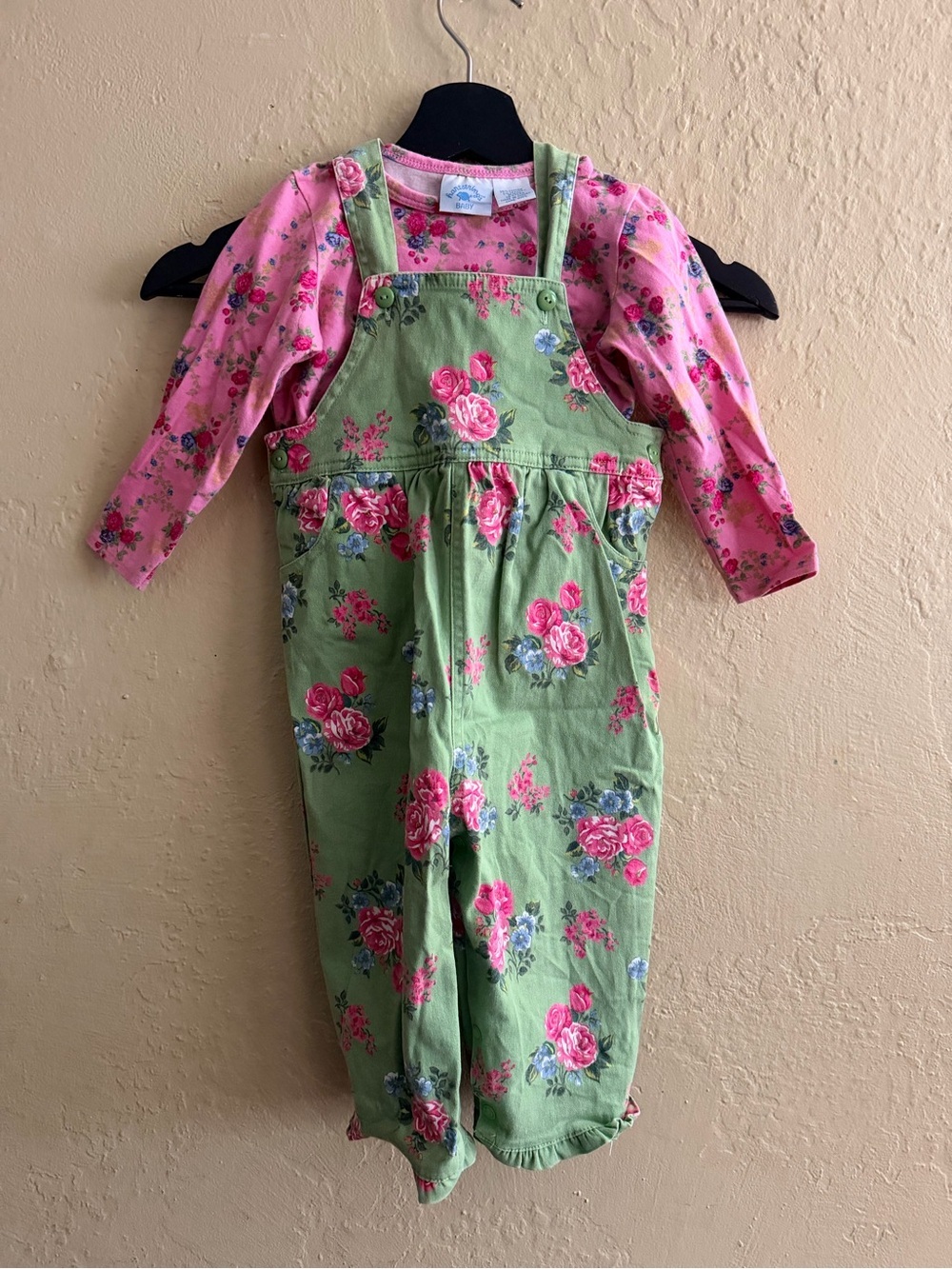 Hartstrings Pink Floral Tee with Green Rose-Print Overalls